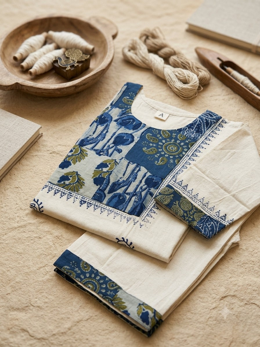 Classic Cream & Indigo Block-Print Kurti Set