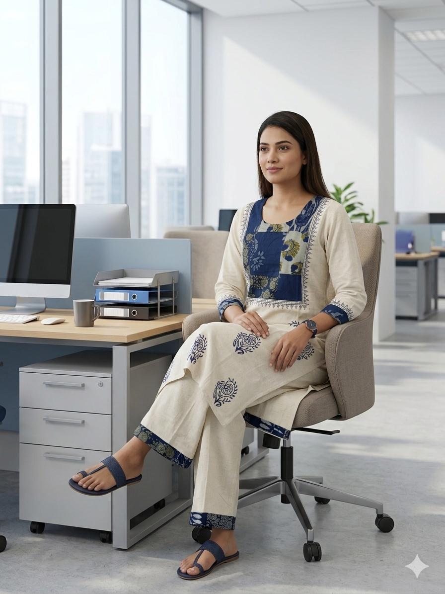 Classic Cream & Indigo Block-Print Kurti Set