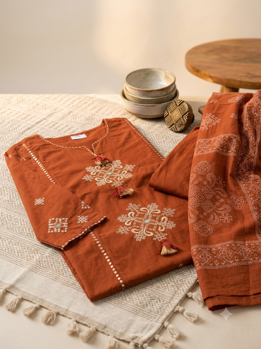 Terracotta Rust Embroidered Kurta Set