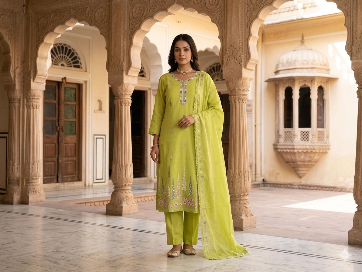 Mul Chanderi with heavy Embroidery