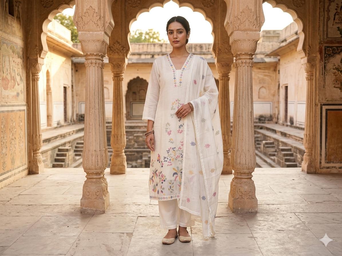 Pure white colour cotton kurti with elegant embroidery