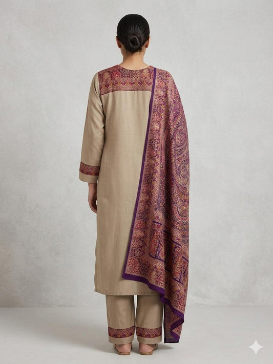 Classic Beige & Royal Purple Kashmiri Kalamkari kurta