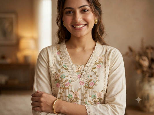 Ivory Blossom Embroidered Cotton Kurta Set