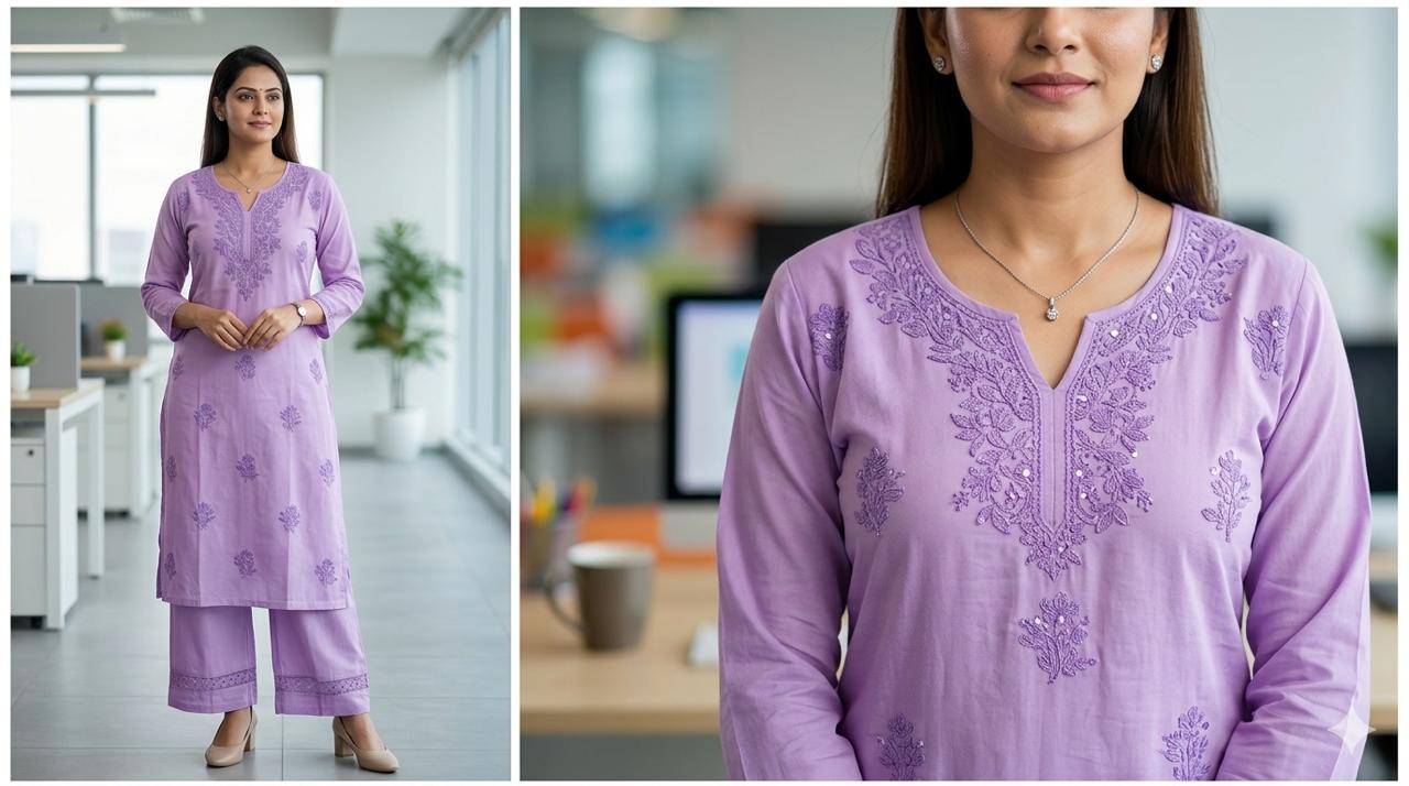Lavender Breeze Chikankari-Inspired Kurta & Wide-Leg Pant Set