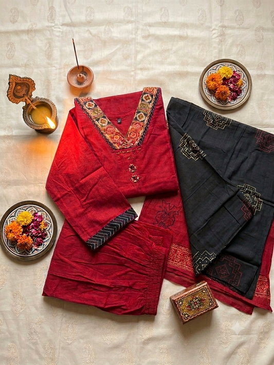 Deep RED Cotton Kurta Set