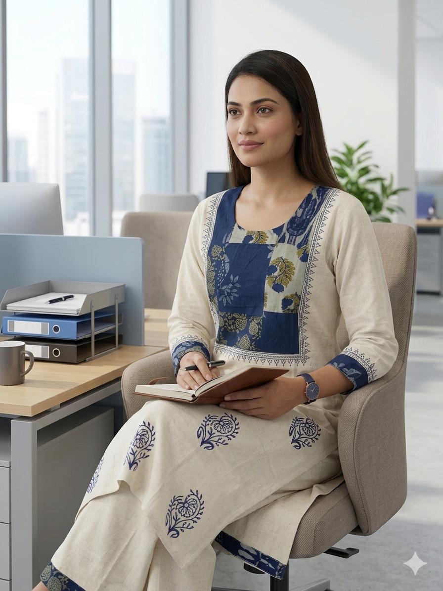 Classic Cream & Indigo Block-Print Kurti Set