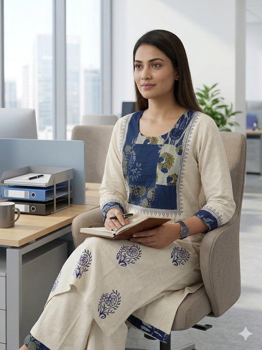 Classic Cream & Indigo Block-Print Kurti Set