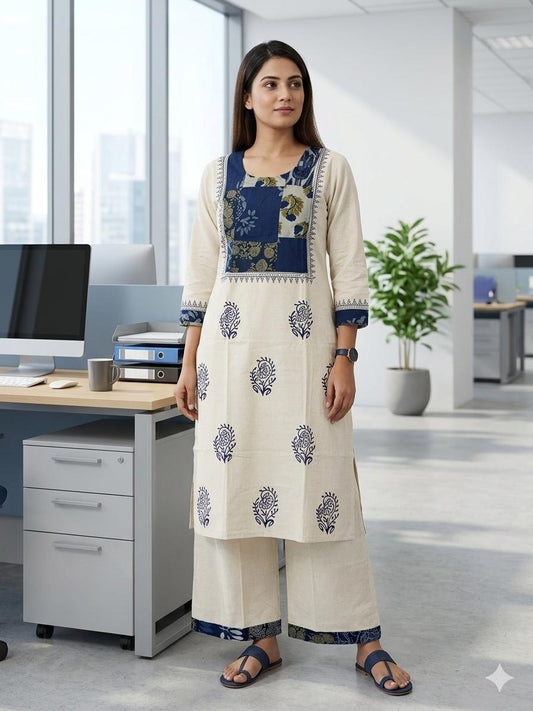 Classic Cream & Indigo Block-Print Kurti Set