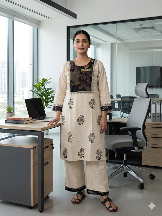 Cream & Black Patchwork Kurta Set