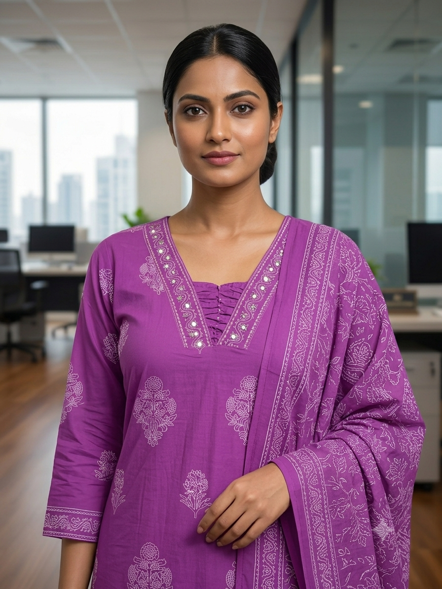 Elegant Purple Printed Kurta Set with Dupatta