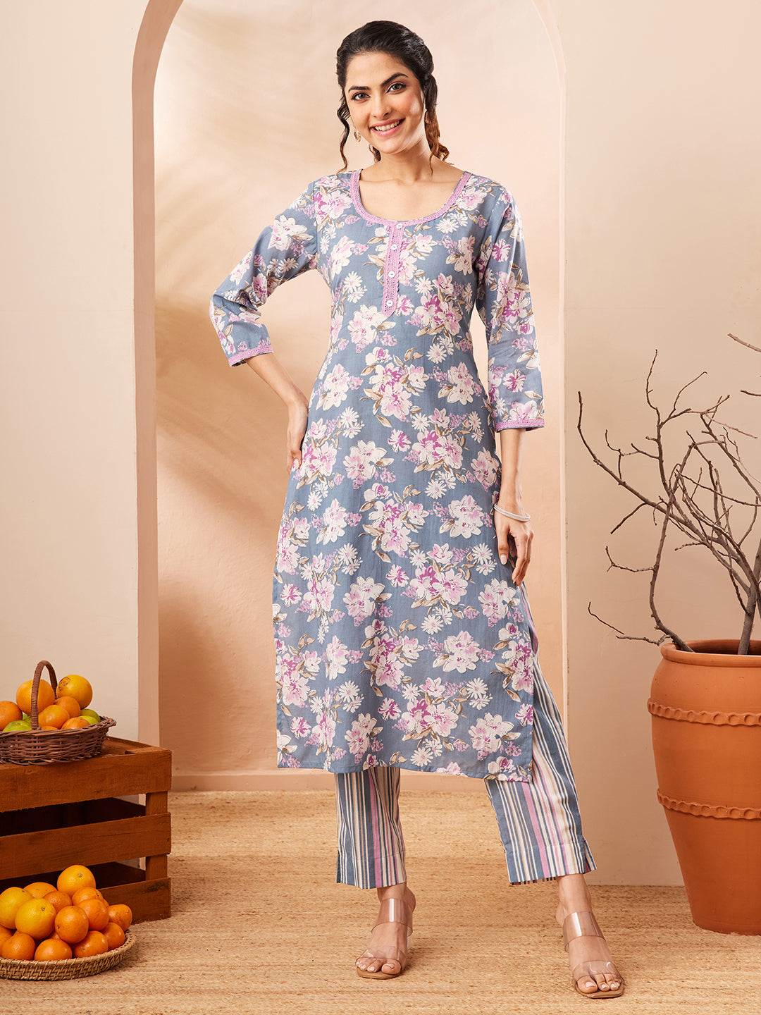 Grey Colour Floral kurti