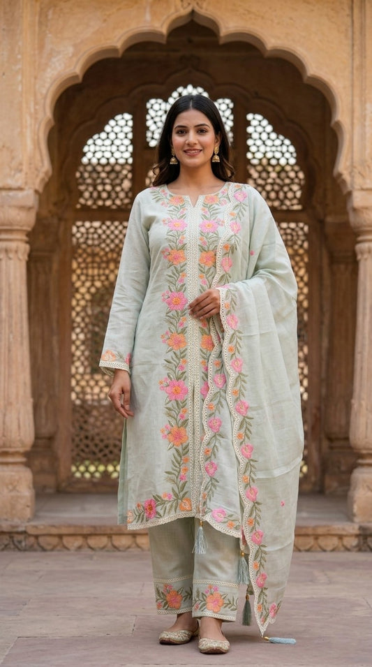 Pista Green Mul Chanderi Kurta