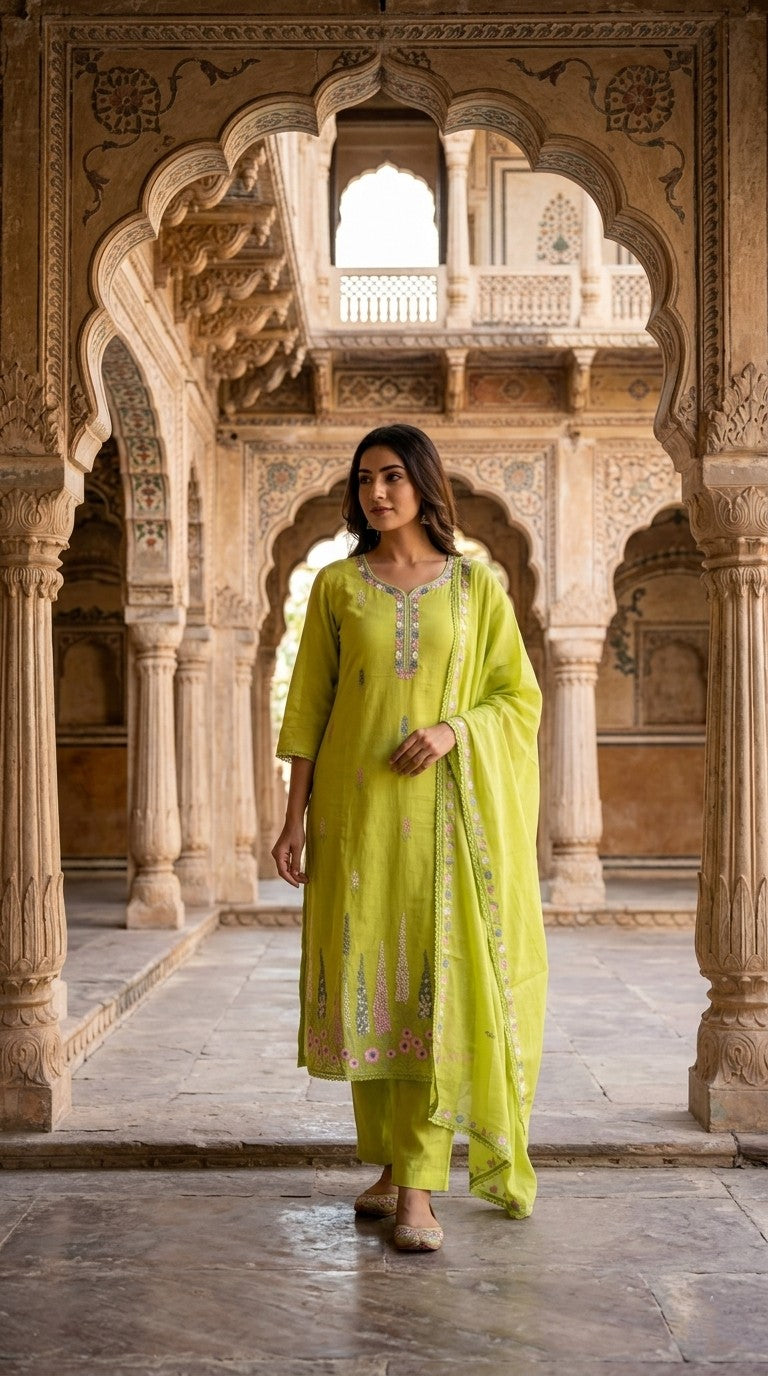 Mul Chanderi with heavy Embroidery