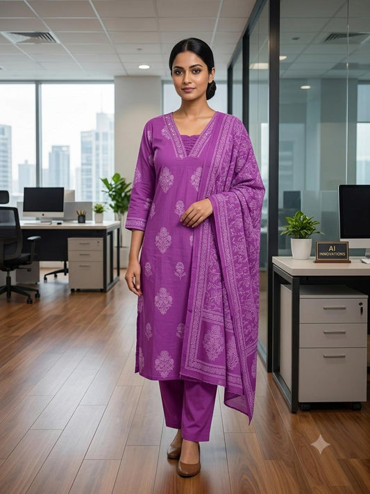 Elegant Purple Printed Kurta Set with Dupatta