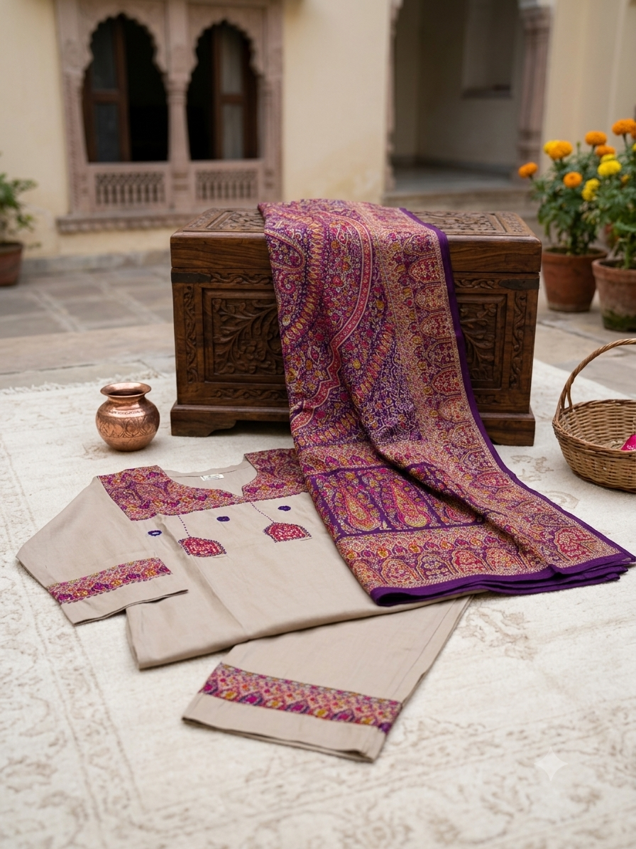 Classic Beige & Royal Purple Kashmiri Kalamkari kurta