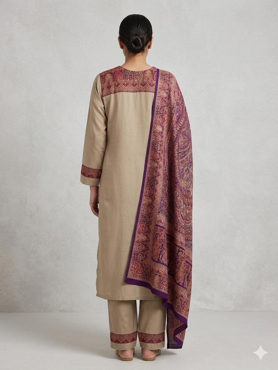 Classic Beige & Royal Purple Kashmiri Kalamkari kurta