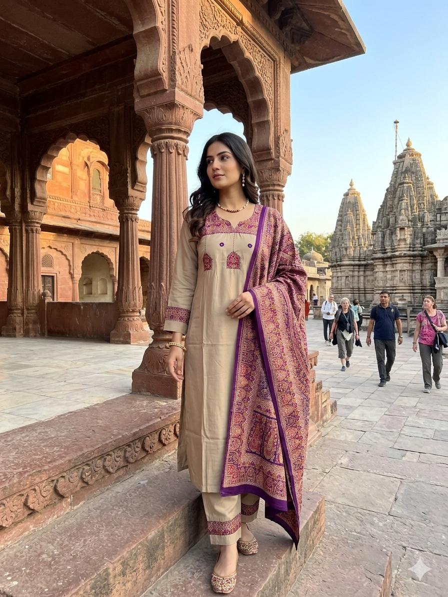 Classic Beige & Royal Purple Kashmiri Kalamkari kurta