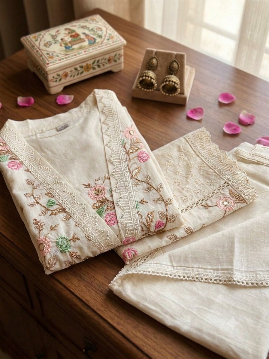 Ivory Blossom Embroidered Cotton Kurta Set