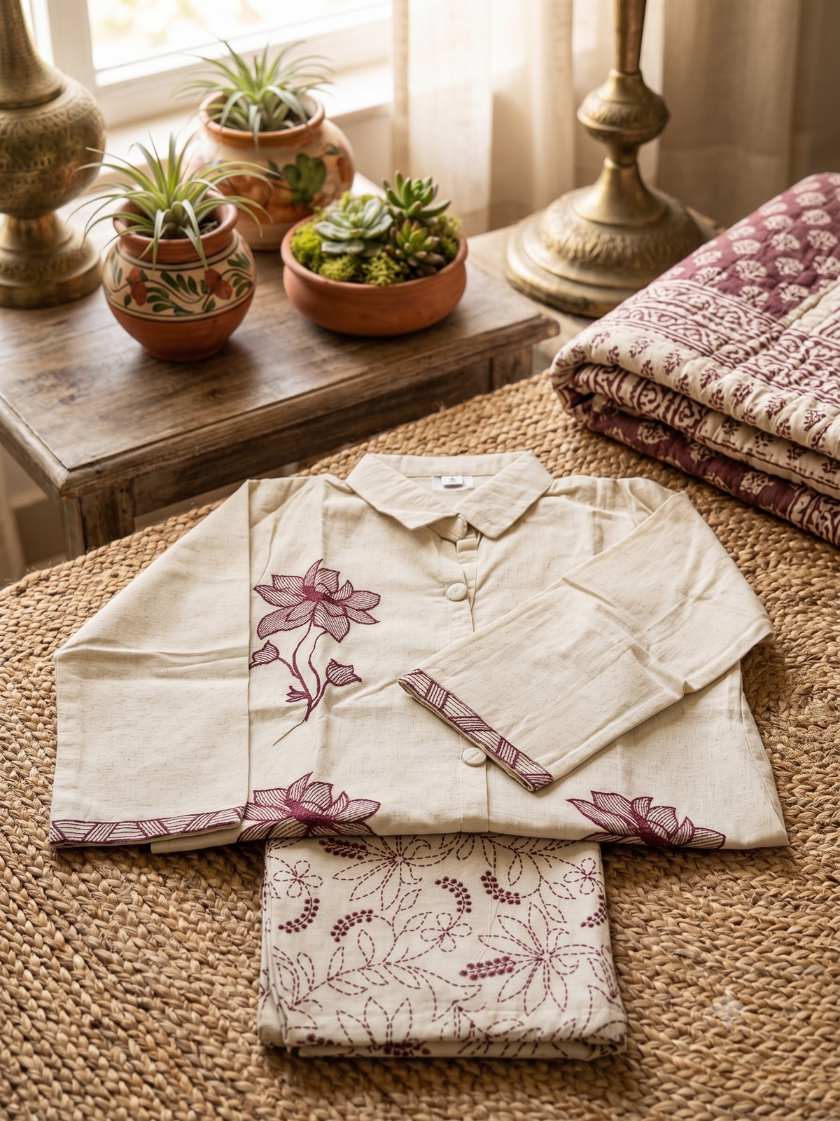 Pure Khadi cotton 2 piece set with embroidery