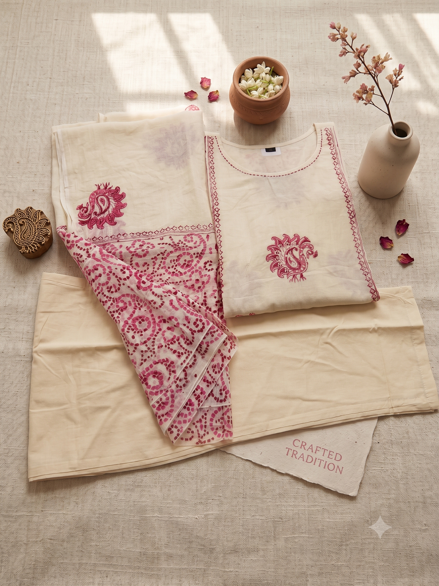 CREAM COLOUR WITH PINK BLOCK PRINT KURTI SET