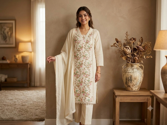 Ivory Blossom Embroidered Cotton Kurta Set