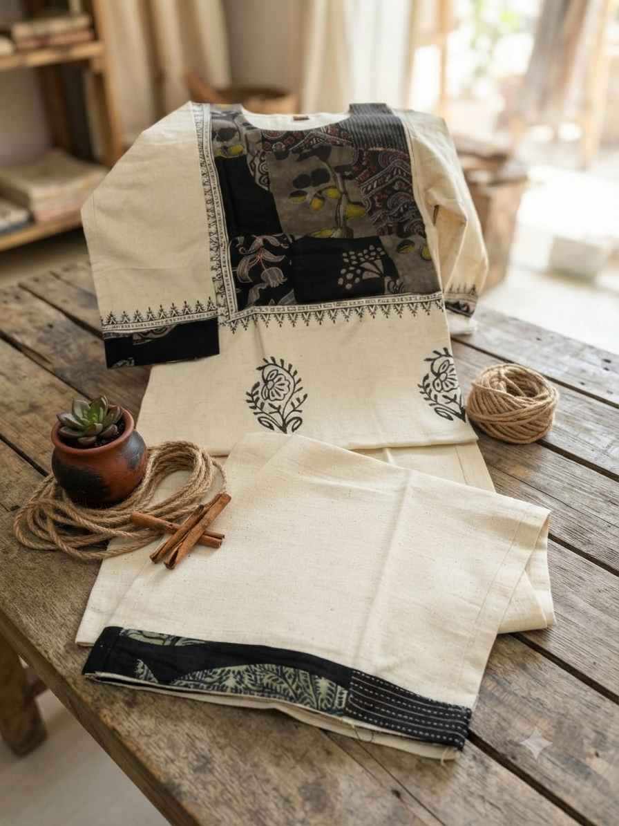 Cream & Black Patchwork Kurta Set
