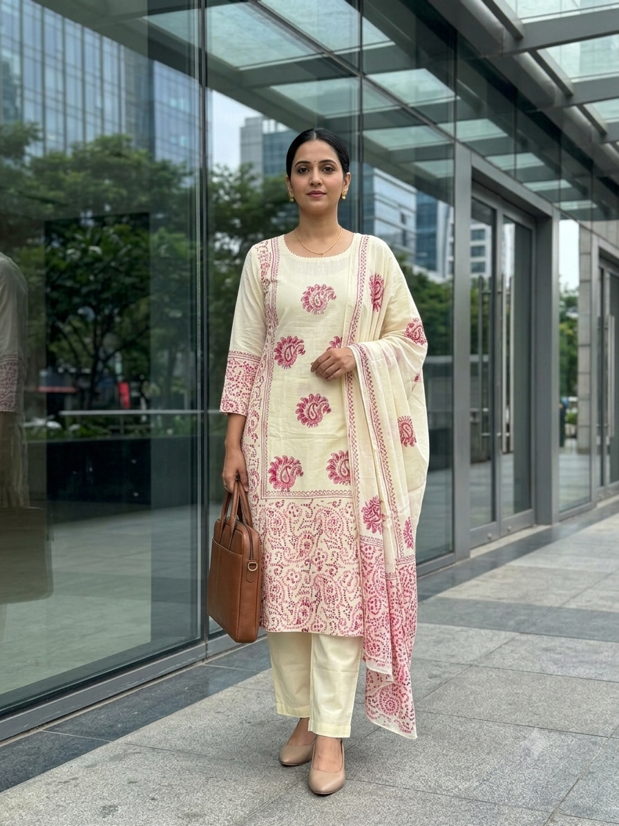 CREAM COLOUR WITH PINK BLOCK PRINT KURTI SET