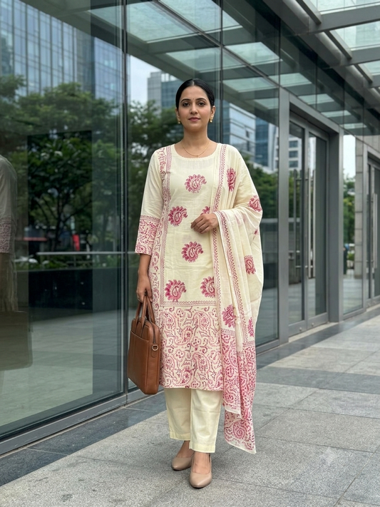 CREAM COLOUR WITH PINK BLOCK PRINT KURTI SET