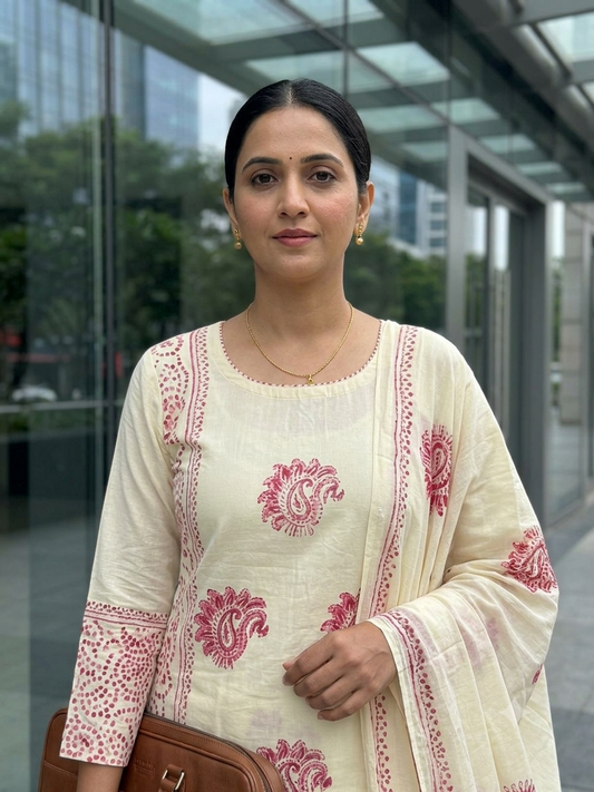 CREAM COLOUR WITH PINK BLOCK PRINT KURTI SET