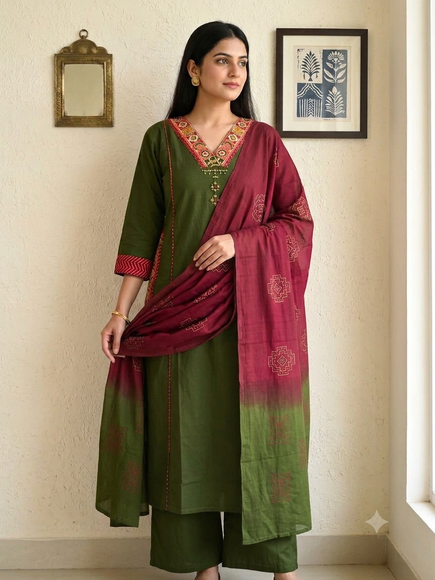 Deep Green Cotton Kurta Set