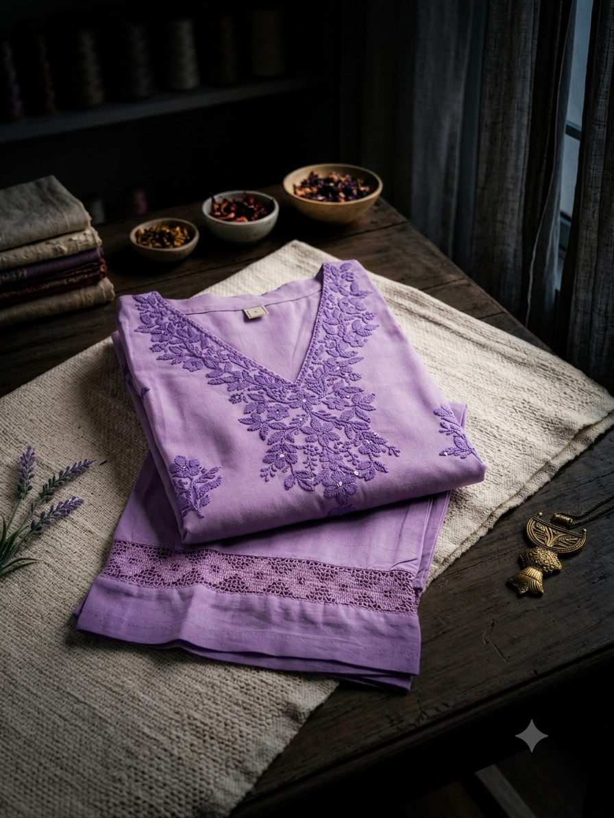 Lavender Breeze Chikankari-Inspired Kurta & Wide-Leg Pant Set