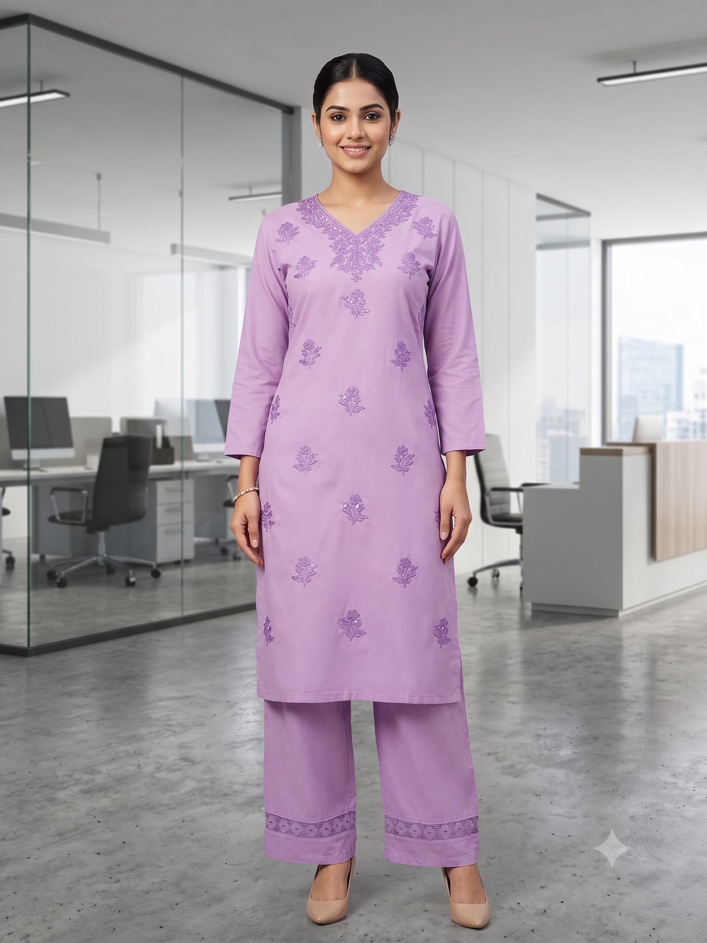 Lavender Breeze Chikankari-Inspired Kurta & Wide-Leg Pant Set