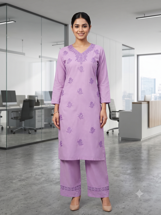Lavender Breeze Chikankari-Inspired Kurta & Wide-Leg Pant Set