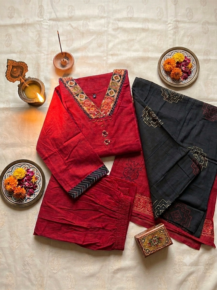 Deep RED Cotton Kurta Set