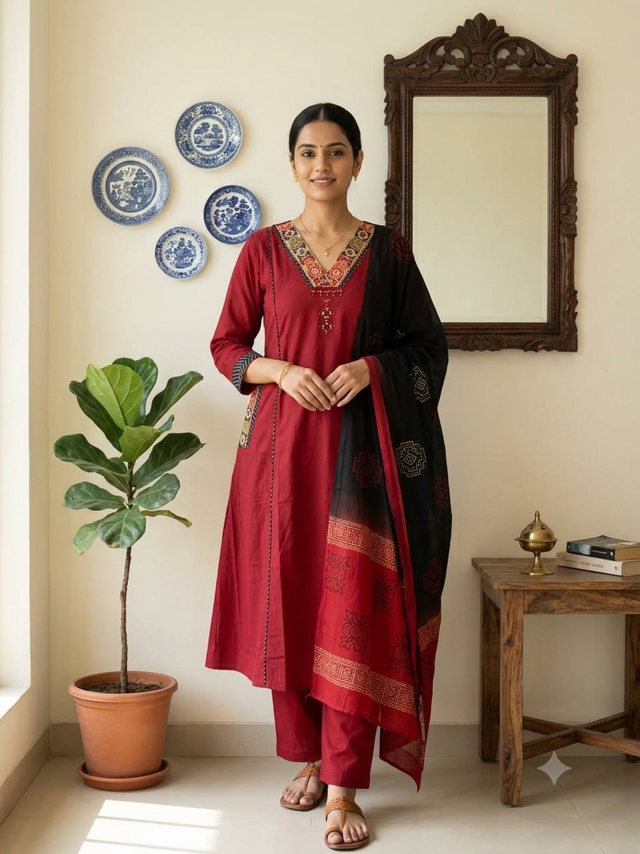 Deep RED Cotton Kurta Set