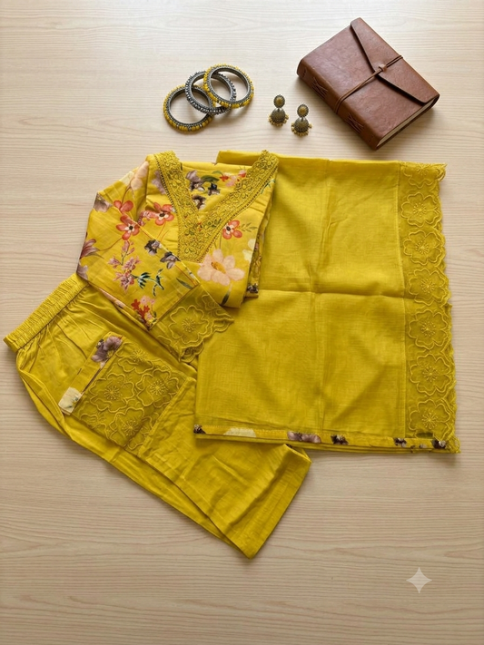 Mustard Yellow Floral Muslin Kurta Set