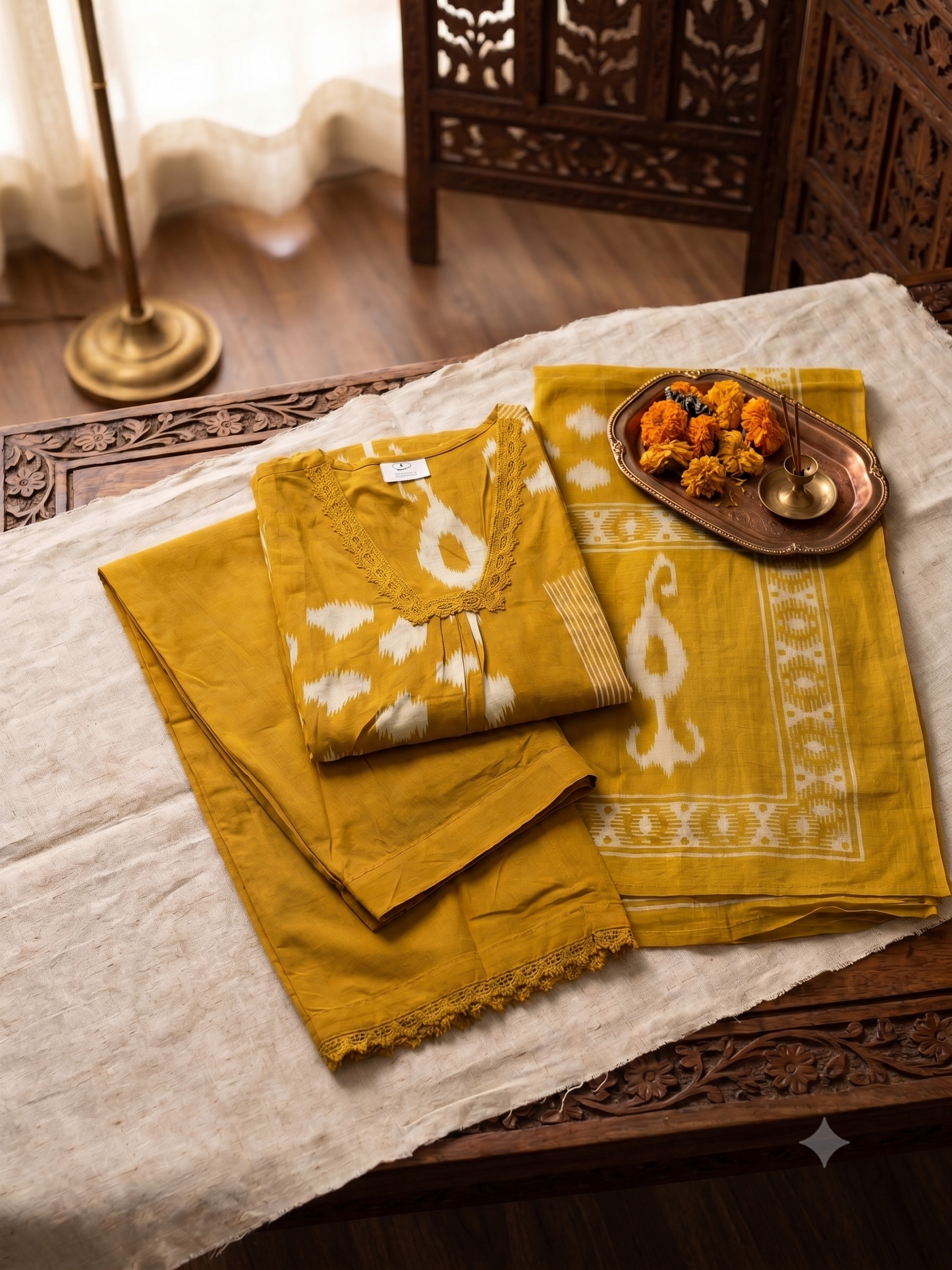 Mustard Ikkat Kurtis