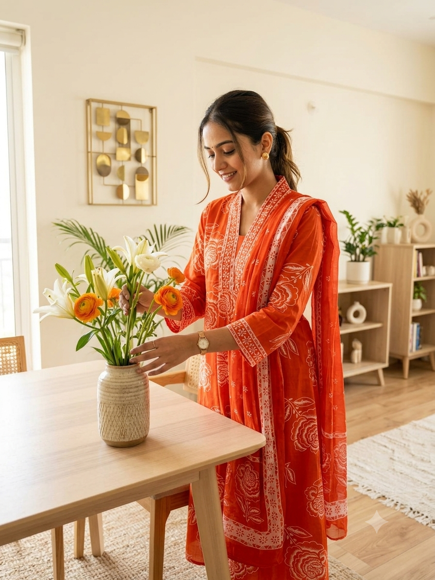 Rust Orange Floral Anarkali Set