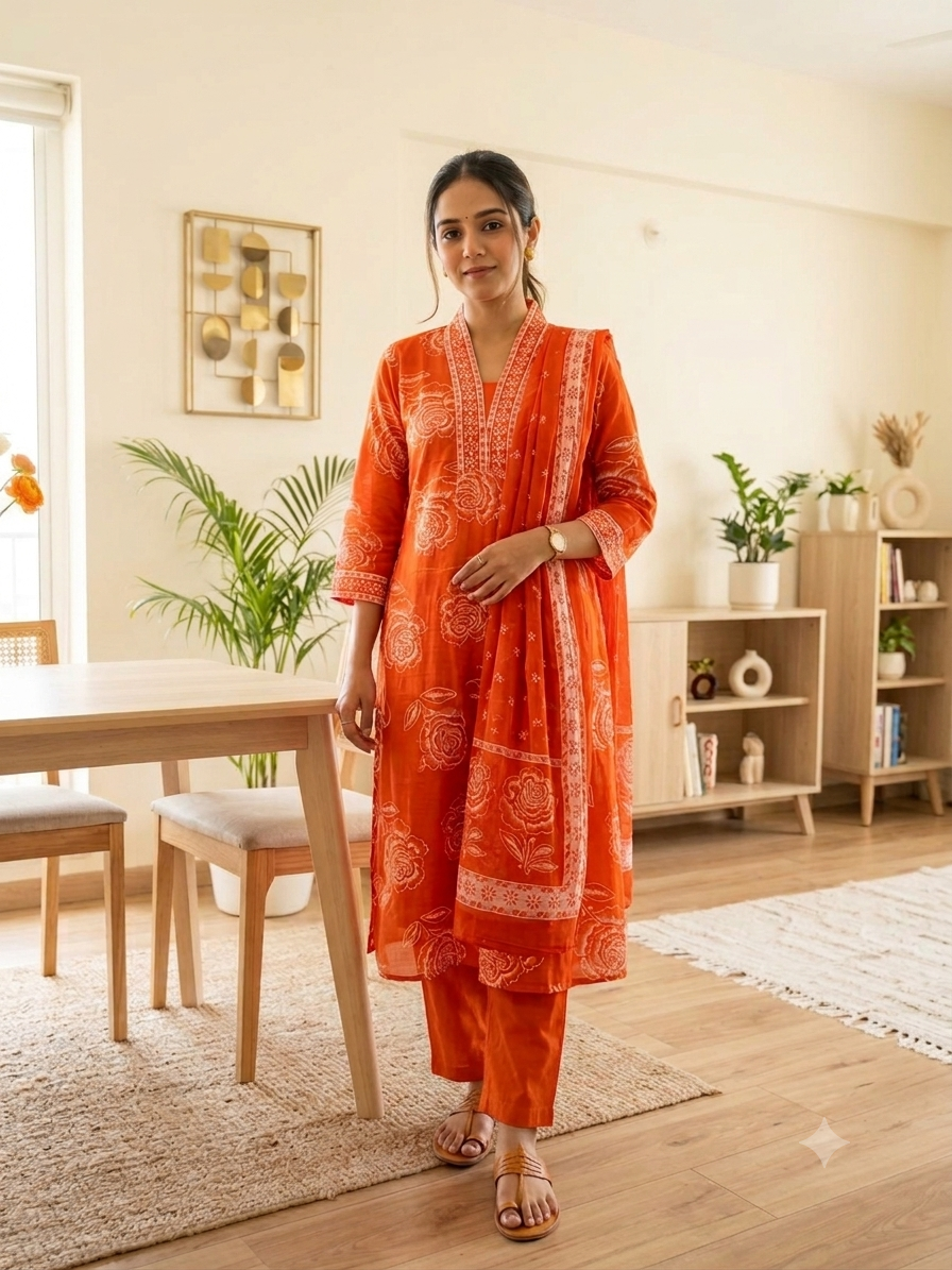 Rust Orange Floral Anarkali Set