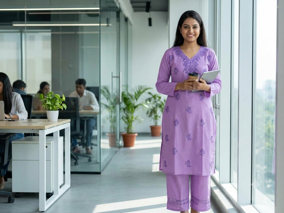 Lavender Breeze Chikankari-Inspired Kurta & Wide-Leg Pant Set
