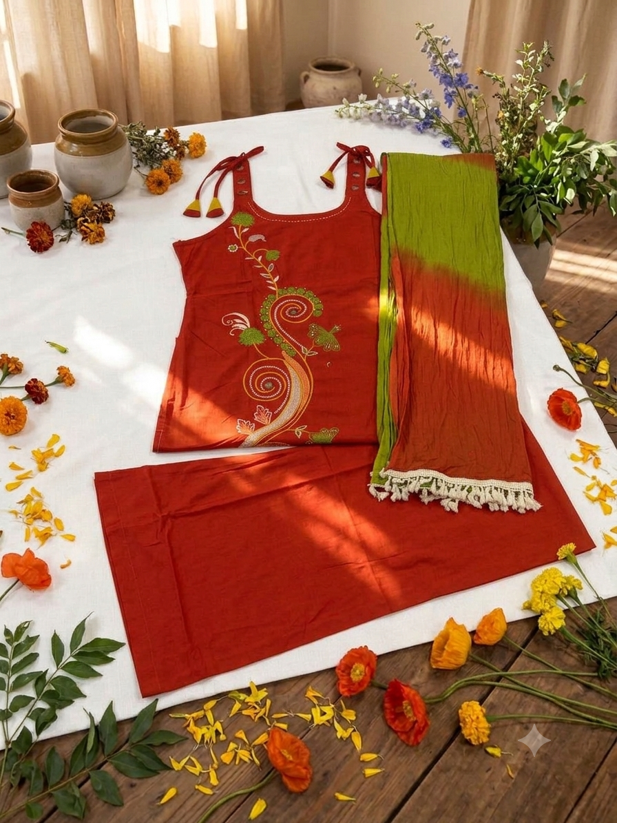 Cotton Red Colour Sleeveless Kurti