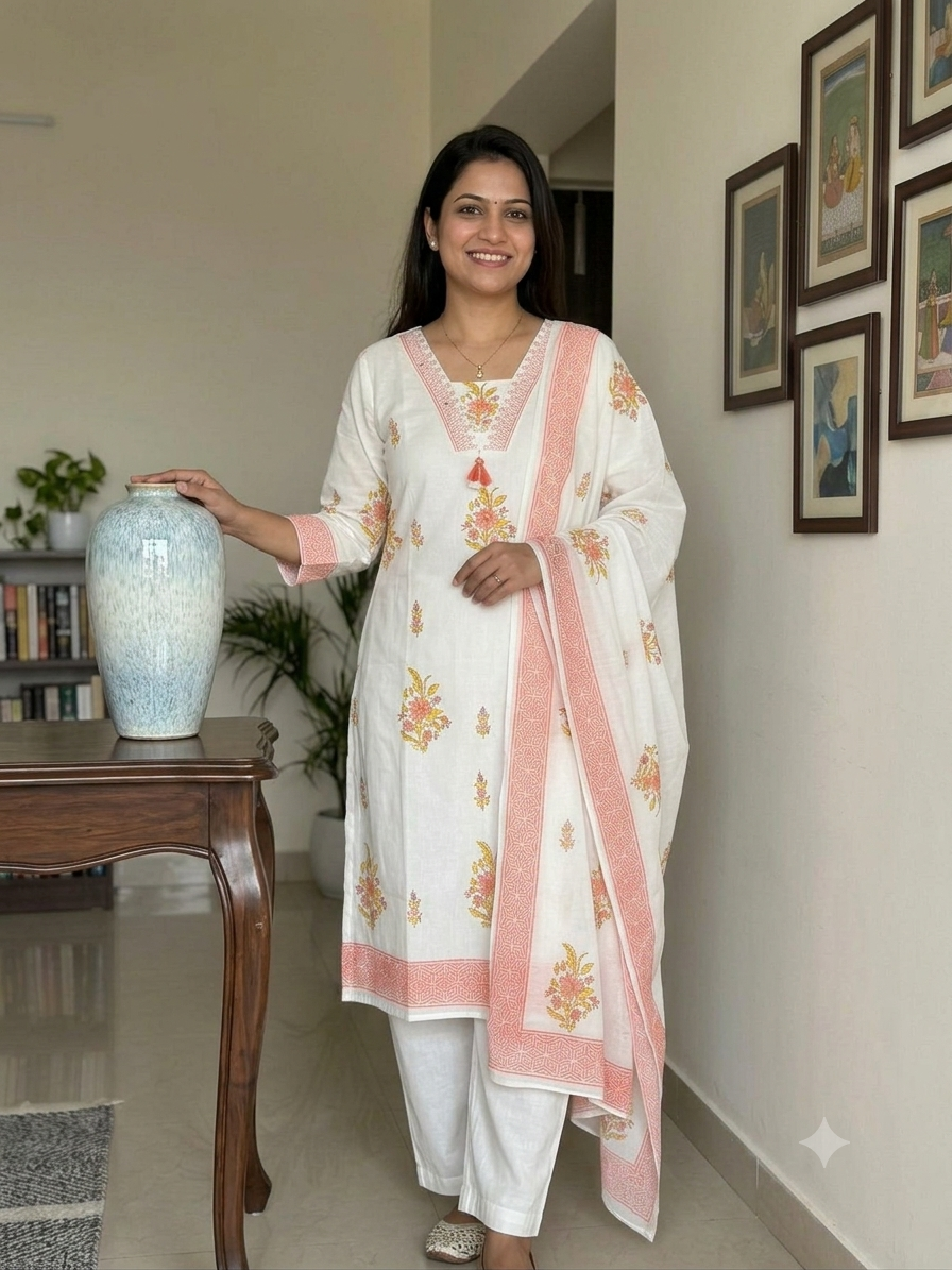 WHITE BREATHABLE MUL COTTON 3 PIECE SUIT