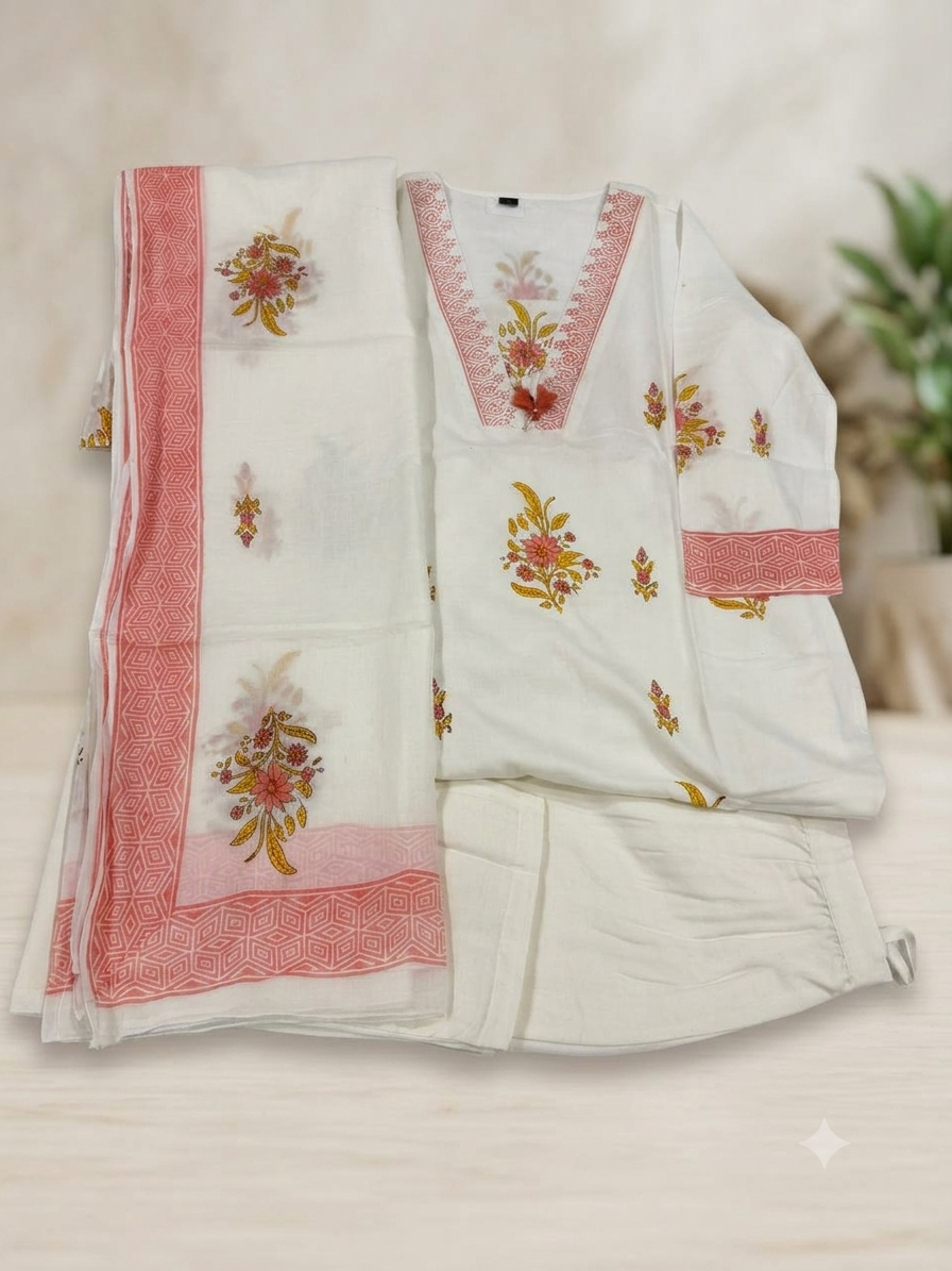 WHITE BREATHABLE MUL COTTON 3 PIECE SUIT
