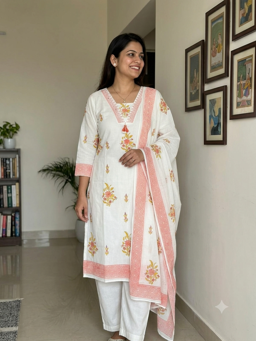 WHITE BREATHABLE MUL COTTON 3 PIECE SUIT