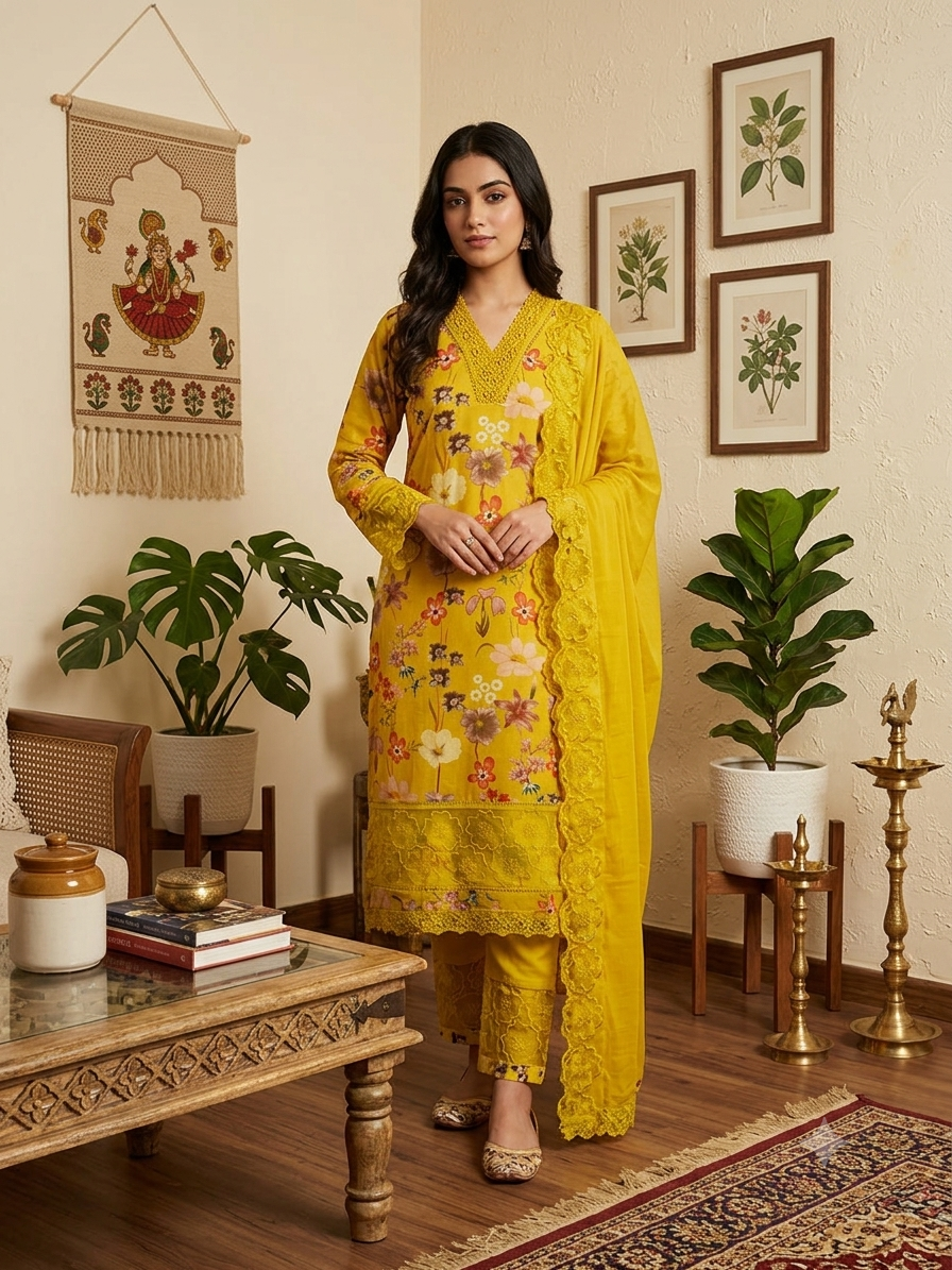 Mustard Yellow Floral Muslin Kurta Set